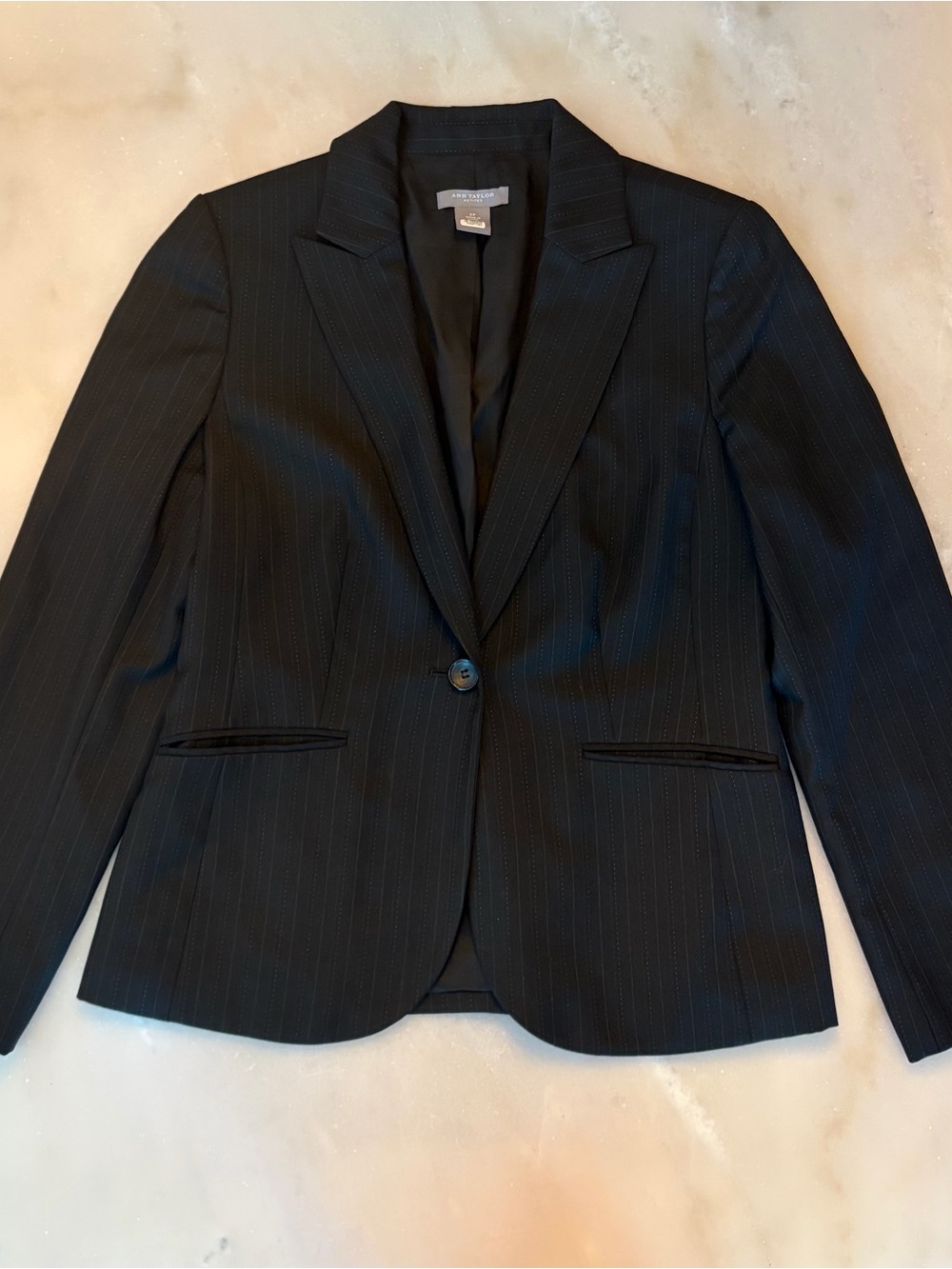 Ann Taylor Black Pinstripe One-Button Tailored Blazer